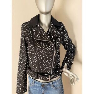 ASOS Black Denim Silver Studded Moto Biker Belted Lined Jacket  - Women's Size 0